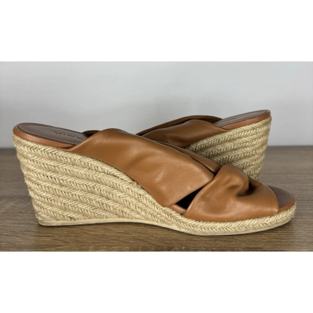Vince Leather Espadrille Wedge Slide Sandals Brown Twist Knot US 9 EU 39